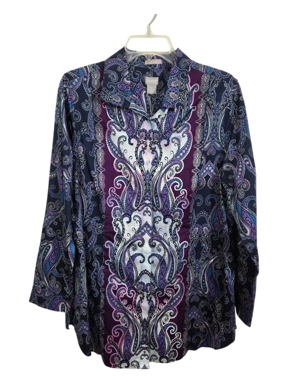 NWT Chico's No Iron Sateen Tunic Shirt Paisley Hidden Button Front Large